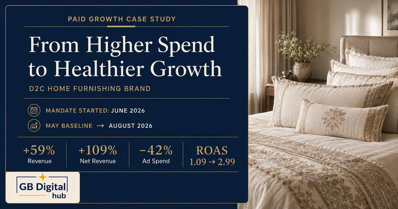D2C paid growth case study showing 59% revenue growth, 109% net revenue growth and 42% lower ad spend