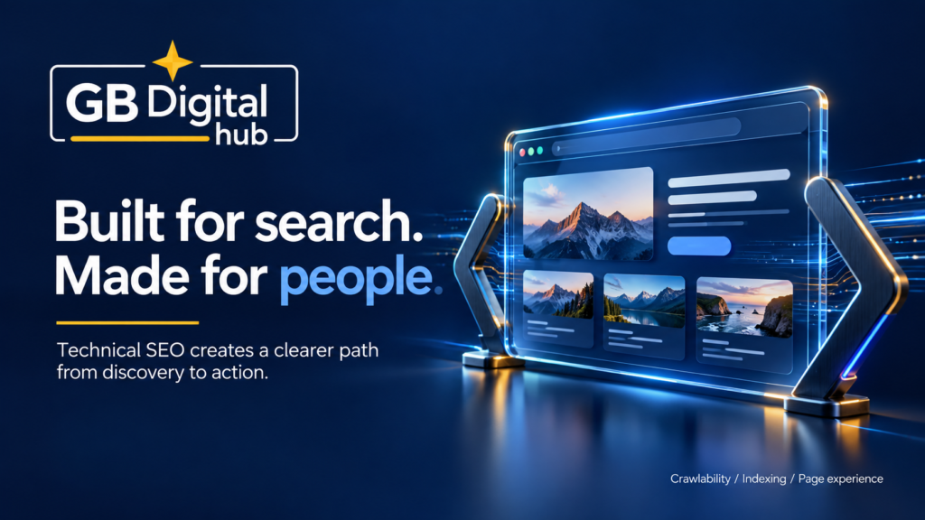 GB Digital hub graphic showing Built for search Made for people and Technical SEO creates a clearer path from discovery to action.